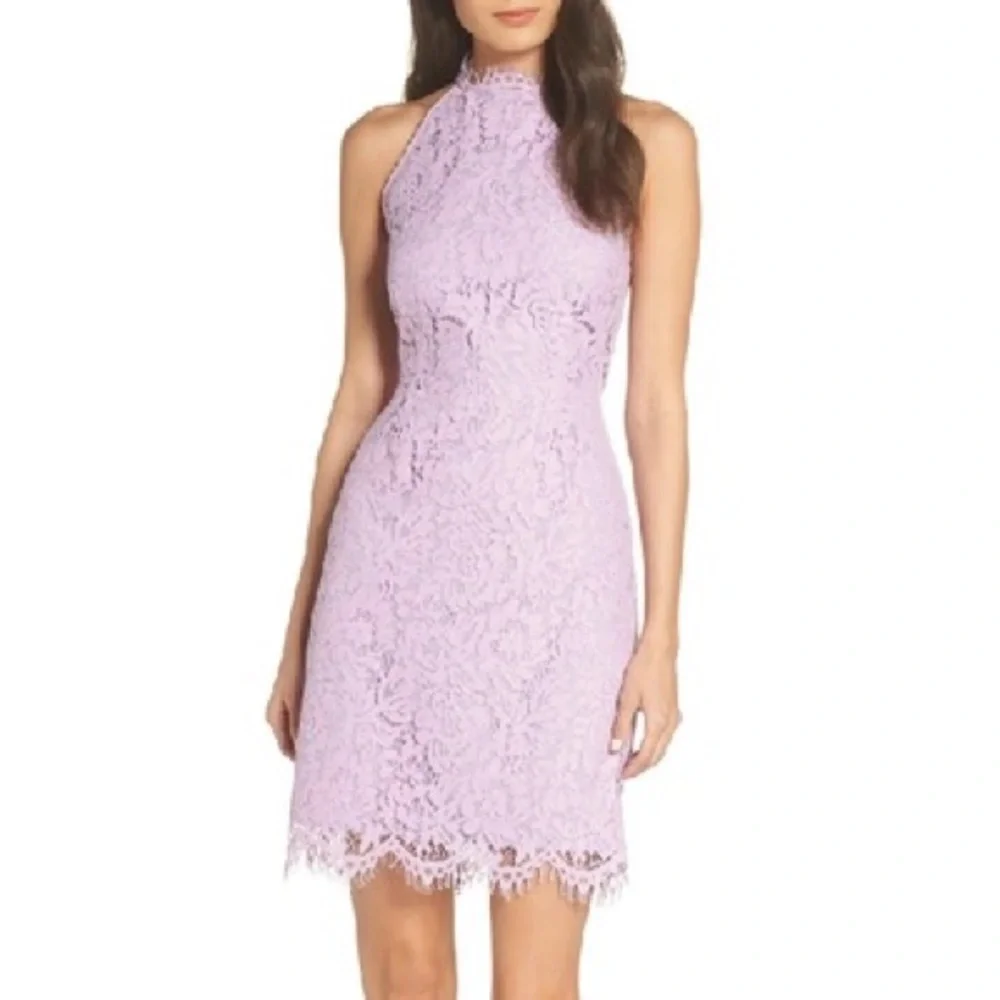 BB Dakota Cara High Neck Lace Cocktail Dress In Lavender - Picture 1 of 9